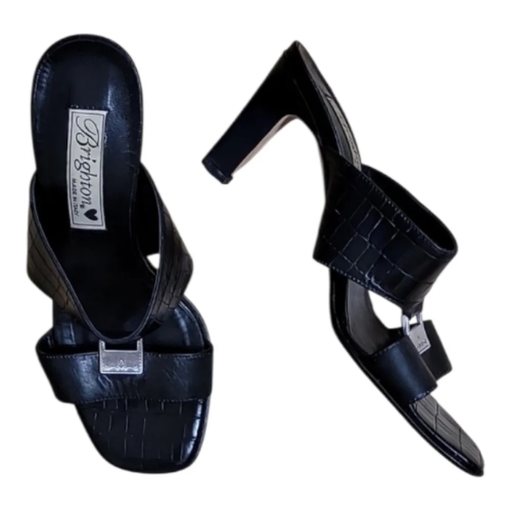 Brighton Ryan Black Croc Embossed Leather Sandals Square Toe Sz 6